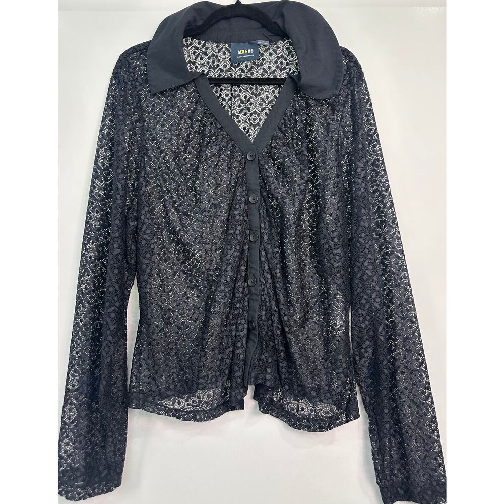 Maeve Anthropologie Blue Black Lace Button Down Blouse Size 3X Peter Pan Collar - Picture 3 of 10